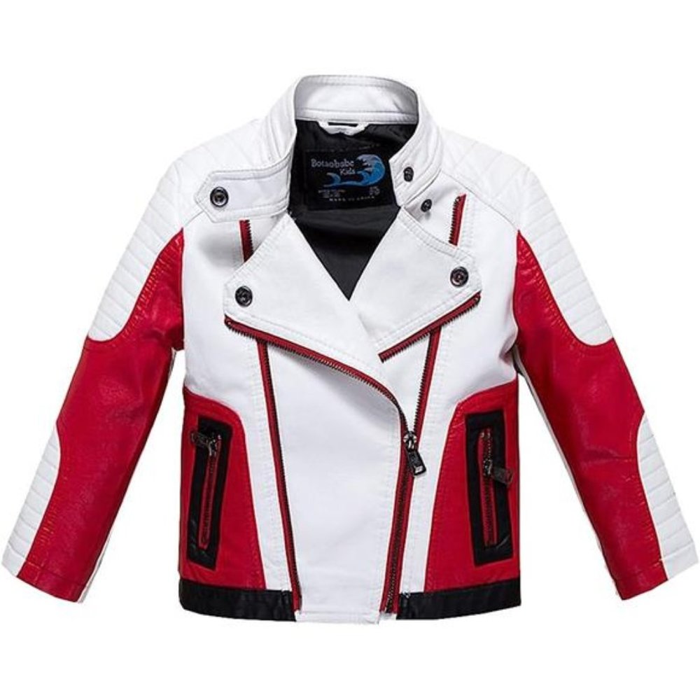 Boys Leather Motorcycle Pilot Jacket Toddler Coat, White